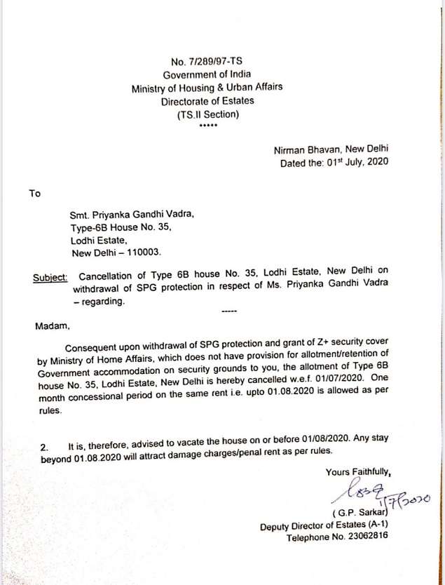 Govt asks Priyanka to vacate bungalow by Aug 1; cites withdrawal of SPG cover Govt asks Priyanka to vacate bungalow by Aug 1; cites withdrawal of SPG cover
