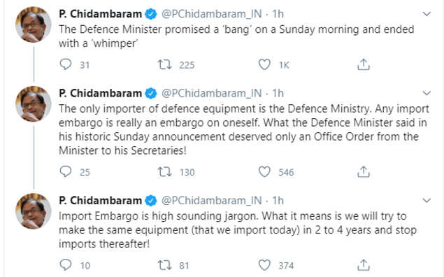 Defence minister promised a bang’, ended with a whimper’: P Chidambaram